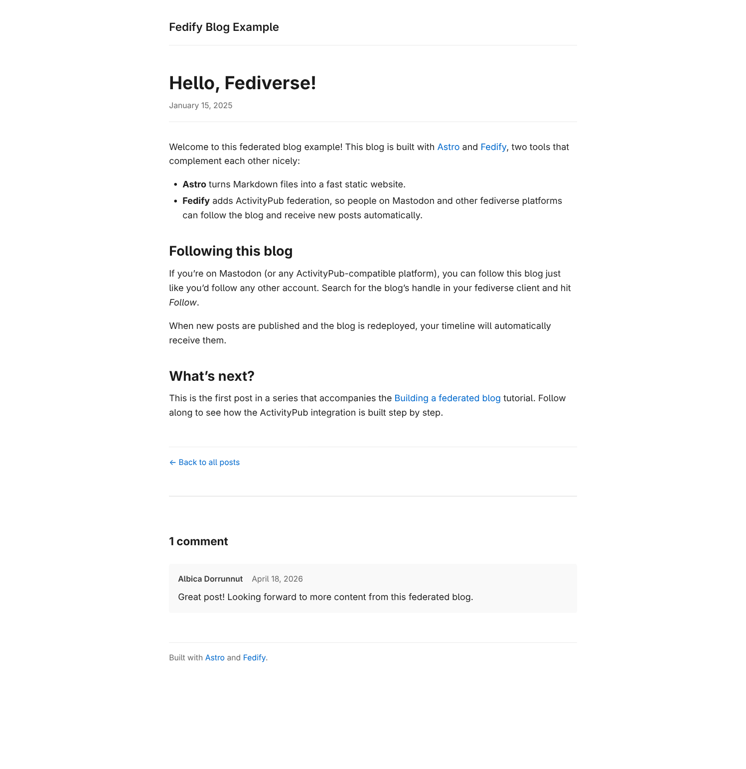 Blog post page showing “1 comment” from a fediverse user